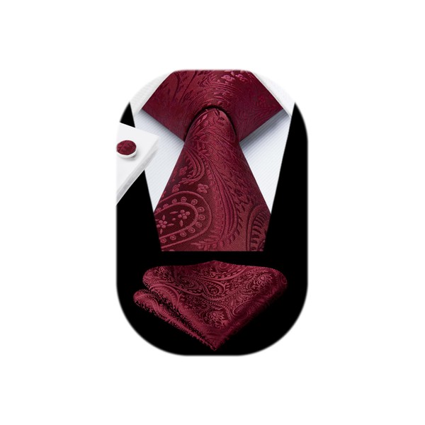 HISDERN Burgundy Tie Paisley Mens Ties and Pocket Square Cufflinks
