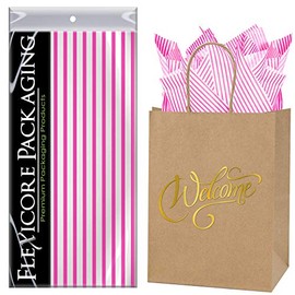 Flexicore Packaging Natural Brown Kraft Paper Welcome Bags & Hot Pink Gift Wrap Tissue Paper | Size: 8 Inch X 4.75 Inch X 10.5 Inch | Count: 5 Bags | Color: Hot Pink Pin Stripe