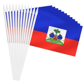 Yamiuo Haiti Mini Flag, 12 Pack Haitian Hand Held Small Mini Stick Flag with 12 Inch Solid White Pole, 8.2x5.5 Inch (Haiti)