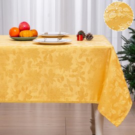 Mebakuk Christmas Jacquard Tablecloth Waterproof Damask Floral Pattern Table Cloth, Heavy Weight Wipeable Wrinkle Free Table Covers for Dinner or Daily Uses (Gold, 60" x 120" (10-12 Seats))