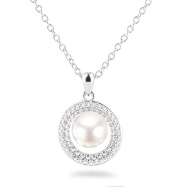Schöner-SD 925 Silver Necklace with Pearl Pendant Freshwater Pearl Cubic Zirconia, Silver