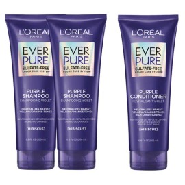 Kit x3 Shampoo + Acondicionador L'Oréal Paris EverPure Purple 💜 | Cabello Rubio y Teñido | Sin Sulfatos | Vegano | 600 ml Total