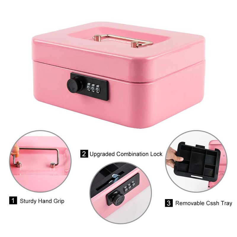 KYODOLED Medium Cash Box with Combination Lock Safe Metal Money