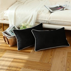LIGICKY Set of 2 Black Velvet Lumbar Pillow Covers Modern Minimalist Style Solid Decorative White Rope Edging Soft Rectangle Cushion Cases for Sofa Bedroom Party Décor, 12 x 20 inch