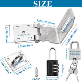 Sunxeke 2PCS 4 Inch Door Locks Hasp Latch 90 Degree with Combination Lock and Padlock,304 Stainless Steel Safety Right Angle Packlock Hasp Lock Latch,Extra Thick Hasp Lock Latch with Screws