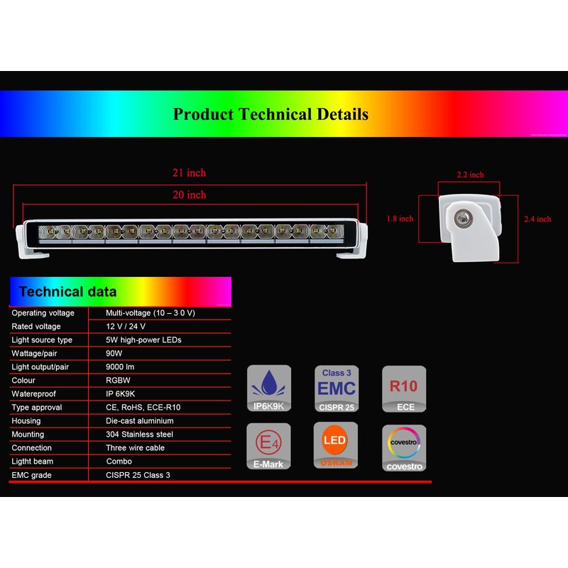 Vcanuplms RGBW Led Boat Light Bar, 20 inch Powerful Waterproof