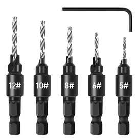 5 Piece Countersink Drill Bit Set for Woodworking, Fixinus 1/4” Hex Shank HSS Counterbore Hole Drill Bit, 5/6/8/10/12# Counter Sinker Set with L Wrench