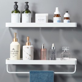 Halyuhn 15.7in Stainless Steel Bathroom Wall Organizer, 2 Tier Glass Bathroom Shelf with Towel Holder, Bathroom Shelves Wall Mounted for Bathroom Organization and Storage, White