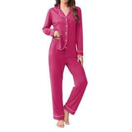 Ekouaer Womens Pajamas Set 2 Piece Button Down Sleepwear Soft Long Sleeve Top and Pants Pjs Lounge Sets Rose Red XXL