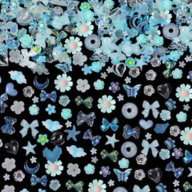 COOSLIM 150 Pieces 3D Resin Butterfly Bear Nail Charms, Rose Flower Peach Bow Deer Snake Wings Donut Nail Art Rhinestones Pearls for DIY Nail Art Decoration Making Craft (Blue) 1