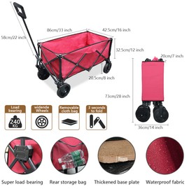 Folding Portable Large Sturdy Picnic Wagon Carts, Utility Grocery Shopping Cart, Garden FarmTransport Cart, 360° Swivel Wheels & Brakers, Red