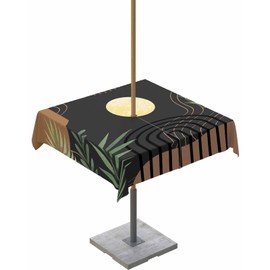 Lsrtoss Outdoor Tablecloth with Umbrella Hole & Zipper, Brown Black Geometric Boho Square Tablecloth 54x54 Inch, Modern Abstract Art Botanical Patio Table Cover Waterproof Table Cloth for Picnic/Party