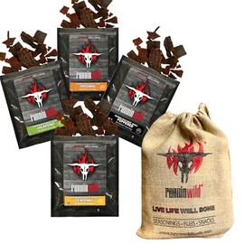 Beef Jerky Variety Pack | Peppered, Original, Jalapeno, and Teriyaki Beef Jerky | 100% Beef | Beef Jerky Gifts for Men | Sampler Pack of 4 Beef Jerky Snack Packs in a Runnin’ Wild Burlap Bag