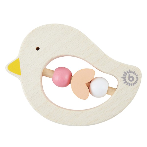 Bieco Wooden Bird Teething Ring for Babies, 10 cm, from 0 Months, Grasping Toy Baby Wood with Wooden Beads, Orange Red, Teething Ring for Baby for Teething Baby Teething Aid Wooden Animals, Cute