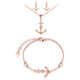 INFINIONLY Women's / Girls' Necklace Bracelets and Earrings, 925 Silver Jewellery Sets, Anchor Necklace Bracelet Earrings, Pendant Bracelets Earrings with Anchor and Infinity Symbol, Rose Gold,
