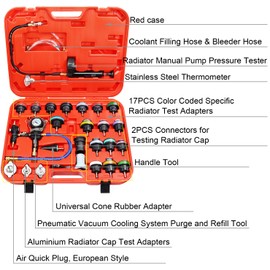YSTOOL Radiator Pressure Tester Coolant Vacuum Refill Kit 28PCS Automotive Cooling System Leak Test Pneumatic Water Tank Purge Fill Tool Set with Gauge Adapter Cap Universal for Auto Car Airlift