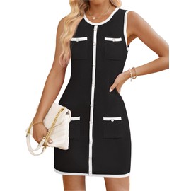 ZESICA Women's 2025 Summer Sleeveless Mini Dress Crewneck Button Knit Color Block Bodycon Party Short Dresses with Pockets,Dim,Small
