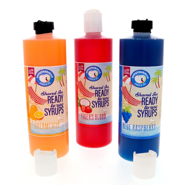 Shaved Ice or Snow Cone Syrups, 3 Pack, Pints, Multiple Flavors, 16 Fl. Oz each (Blue Raspberry, Tiger’s Blood, Dreamcicle)