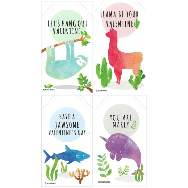 Mini Llama Sloth Narwhal Shark Valentines (Wallet-Sized Cards with Tiny Envelopes) for Valentine's Day by Nerdy Words (Set of 24)