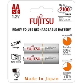Fujitsu AA Ready-to-Use Rechargeable Battery, 1.2 Volts, min.1900mAh, Double A Pack of 2 Count (HR-3UTCEU)