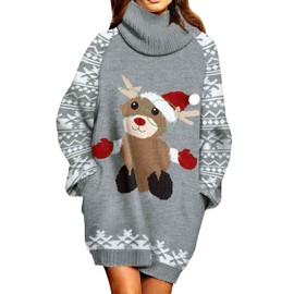 Viottiset Women’s Long-Sleeve Oversized Chunky Knit Jumper Dress with Turtleneck, grey, m