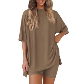 PRETTYGARDEN Women's Two Piece Lounge Set 2025 Summer Casual Oversized Shirts Biker Shorts Matching Airport Travel Outfit (Dark Khaki,Small)