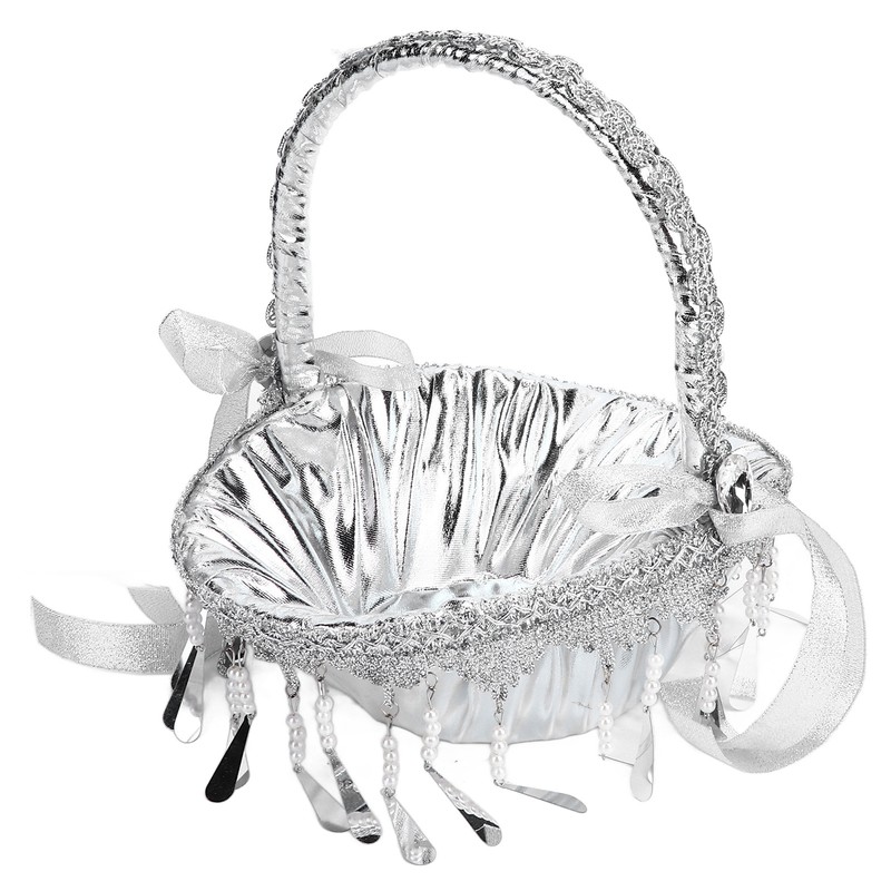 Wedding Flower Girl Basket Silver Hand Flower Basket Romantic Rhinestone