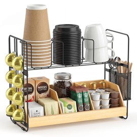 CACHOLIV Coffee Station Organizer for Countertop - Bamboo Bar Organizer Rack for Nespresso Pod & K Cup - Coffee Pods Holder Storage Basket - Cup and Condiment Station for Kitchen Office Home (Black)