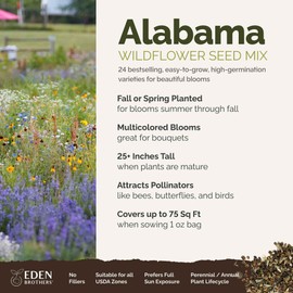 Eden Brothers Alabama Wildflower Mixed Seeds for Planting, 1 oz, 30,000+ Seeds with Cornflower, Cosmos, Blanket Flower | Attracts Pollinators, Plant in Spring or Fall, Zones