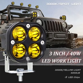 PICAA 2x 3 Inch 40W Spot Led Work Light, 12V 24V 3000K Yellow LED Light Bar Driving Fog Lamp for Offroad 4x4 Car Truck SUV ATV UTV Motorcycle