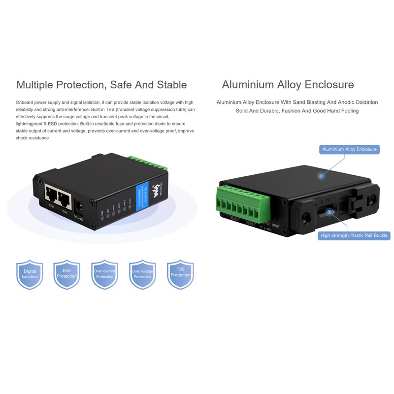 2-Ch RS485 to Ethernet Converter Industrial Isolated Serial Server, 2-Ch
