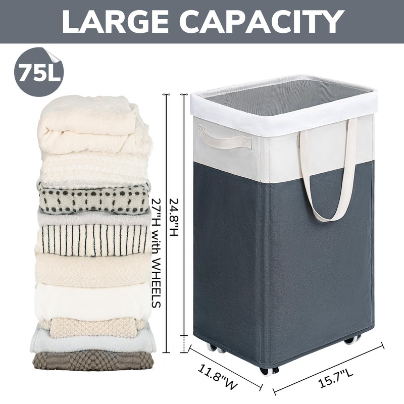 Goodpick Laundry Basket with Wheels, 75L Laundry Hamper for Dirty