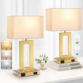 Kondras 3 Color Temperatures Touch Control Table Lamps Set of 2, Stepless Dimmable Bedside Lamps with 2 USB Ports&AC Outlet, Modern Nightstand Lamps for Bedroom Living Room, Bulbs Included, Gold&White