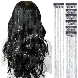 SAHENITEANA 6 Piezas Extensiones de Cabello con Clip Brillos Glitter 19.6 Pulgadas - Accesorios Reutilizables para Pelucas de Mujeres y Niños en Fiestas Festivales (Plata)