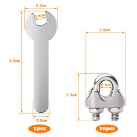 Pack of 10 U-shaped wire rope clamps, stainless steel with 1 open-end wrench, U-shaped wire rope clamp, stainless steel rope, for attaching ropes, steel wires, cables, washing line.