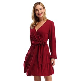 KOJOOIN Women Long Puff Sleeve Tiered Cocktail Dress, Wine