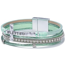 FANCY SHINY Cross Leather Wrap Bracelets Christian Jewelry Religious Baptism Gifts for Women Boho Bead Charm Bracelets with Magnetic Clasp(Green)