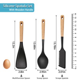 Svailse Silicone Spatula Set, 3Pcs Cooking Spatulas Spoons for Nonstick Cookware, Heat Resistant Multifunction Spoon with Wood Handle for Mixing, Scoop and Scrape (Black)