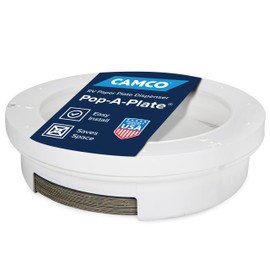 Camco 9-inch Pop-A-Plate Plastic Plate Dispenser | Ideal for Compact Spaces, RVs and Trailers | Mounts Under Cabinets or Shelves | White (57001)