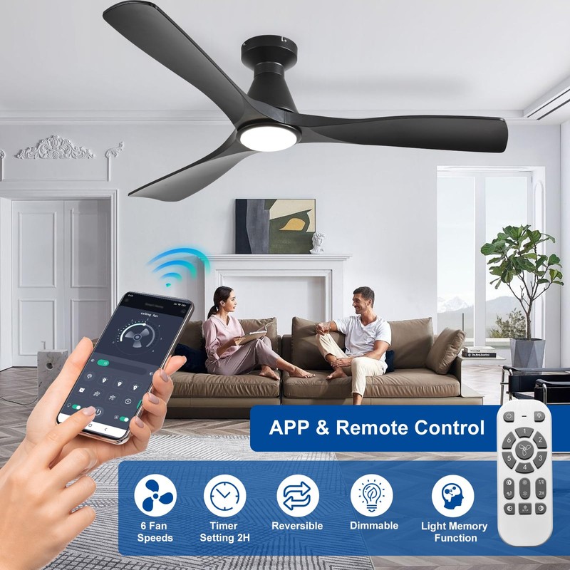 Depuley 52-Inch Ceiling Fans with Lights: Black 3 Blade Flush