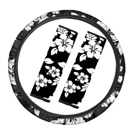 GLENLCWE Vintage White Hibiscus Print Car Steering Wheel Cover and Seat Belt Cover for Men,Universal 15 Inch Steering Wheel Cover Soft Shoulder Pads for Most Vehicles