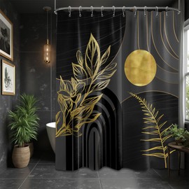 QGHOT Black and Gold Shower Curtain Boho Mid Century Black and Dark Grey and Gold Shower Curtains for Bathroom Decor, Waterproof Cloth Fabric with Hooks, 60" W x 72" L