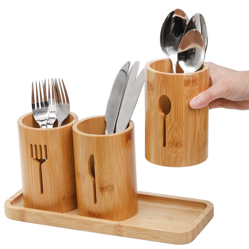 Lyellfe Silverware Holder, Bamboo Utensil Organizer with Tray, Rustic Farmhouse
