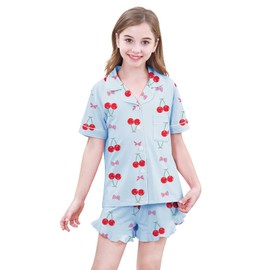 Umeyda Girls's Pajama Set Short Sleeve Button Down Pjs Set Sleepwear, Blue Cherry, 11-12 Years