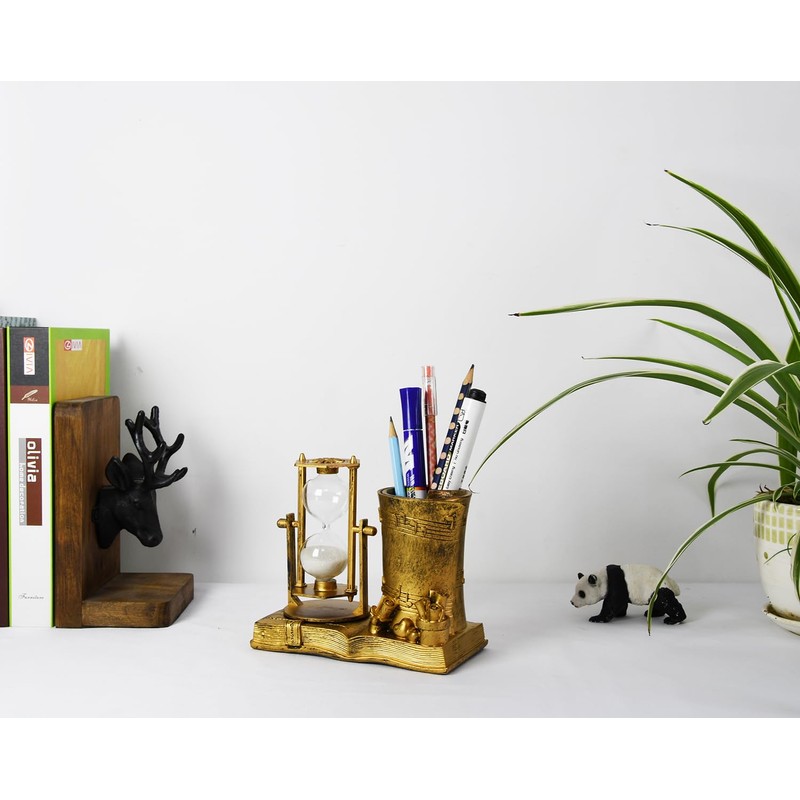 Music-Themed Pencil Holder with Hourglass, Resin Desktop Organizer for Office