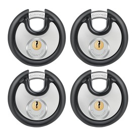 DAYGOS Outdoor Padlock for Storage Unit with Same Key, Waterproof Stainless Steel Disc Lock with Rubber Bumper for Shed, Gate, Fence, Heavy Duty Keyed Discus Pad Lock (3/8-Inch Shackle, 4 Pack)