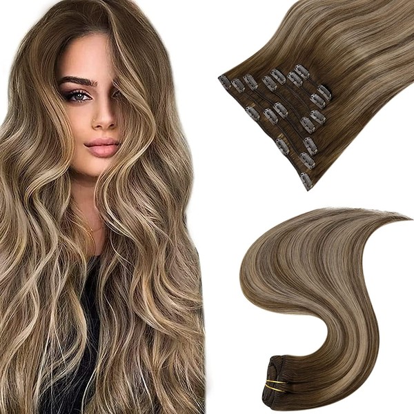 Easyouth Clip-In Real Hair Extensions, Balayage Clip-In Hair Extensions, Medium Brown Mix Honey Blonde and Medium Brown, Clip-In Hair Extensions, Remy Real Hair, 20 Inches, 120 g