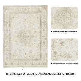 Farmhouse Washable Rug for Living Room: Boho 5x7 Area Rugs for Bedroom Soft Non Slip - Thin Stain Resistant Carpet for Dining Room Indoor - Cream Beige