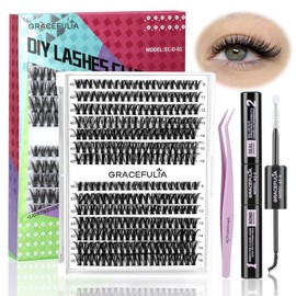 DIY Lash Extension Kit Individual Lash Clusters Kit 40D 50D by GRACEFULIA Eyelash Extension Kit D Curl 9-16mm Eyelash Clusters with Lash Bond and Seal Waterproof, Lash Tweezers for Beginners