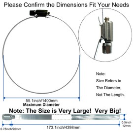 TEXNINC 2 PCS 55.1-Inch/1400mm (Diameter) Extra Large Hose Clamps Stainless Steel Heavy Duty, Pipe Clamp Metal Clamps Adjustable Worm Gear Hose Clamps for Pipes, Tubes, Agricultural & Industrial Use